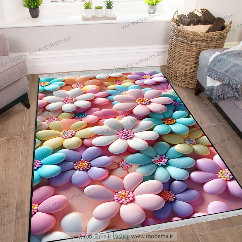 فرش دخترانه مدل جدید طرح گل های رنگی سه بعدی FM-1377