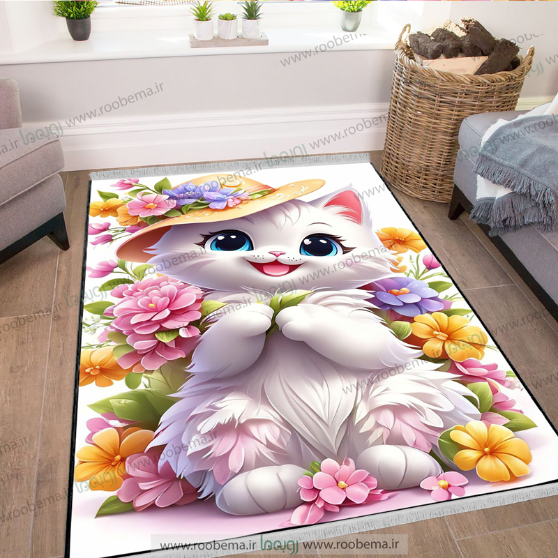 فرشینه دخترانه طرح گربه ملوس مناسب اتاق کودک و نوجوان FM-1273